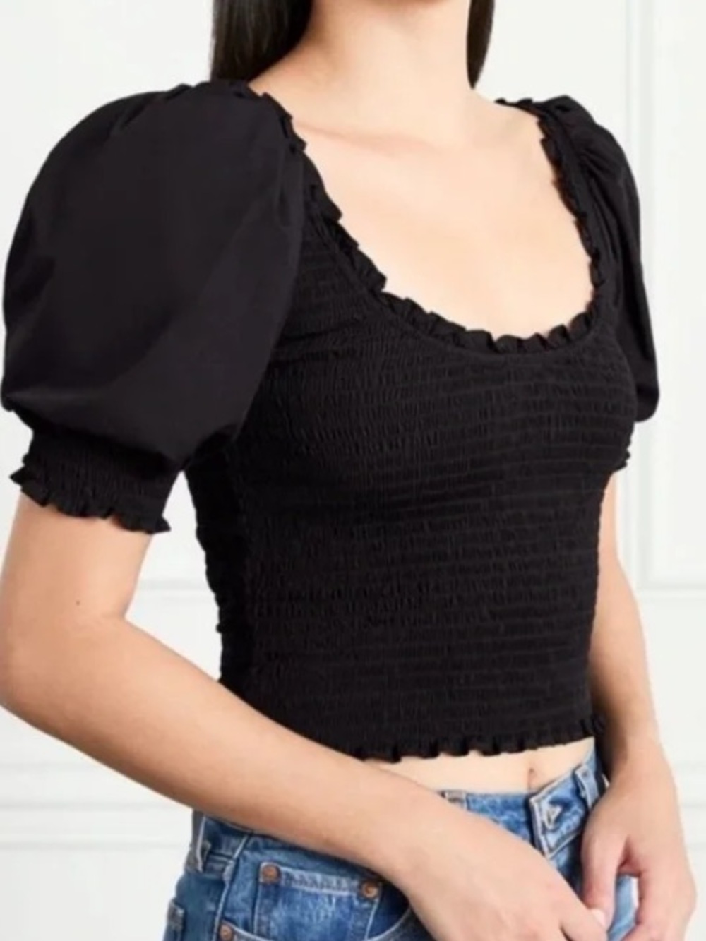 Hill House The Aiko Black Smocked Puff Sleeve Crop Top Size XL NWT